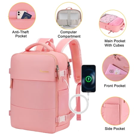 Travel Backpack for Men & Women, College Bookbag with Packing Cube Shoe Pocket, Flight Approved Carry on Backpack Fits 16" Laptop, Pink