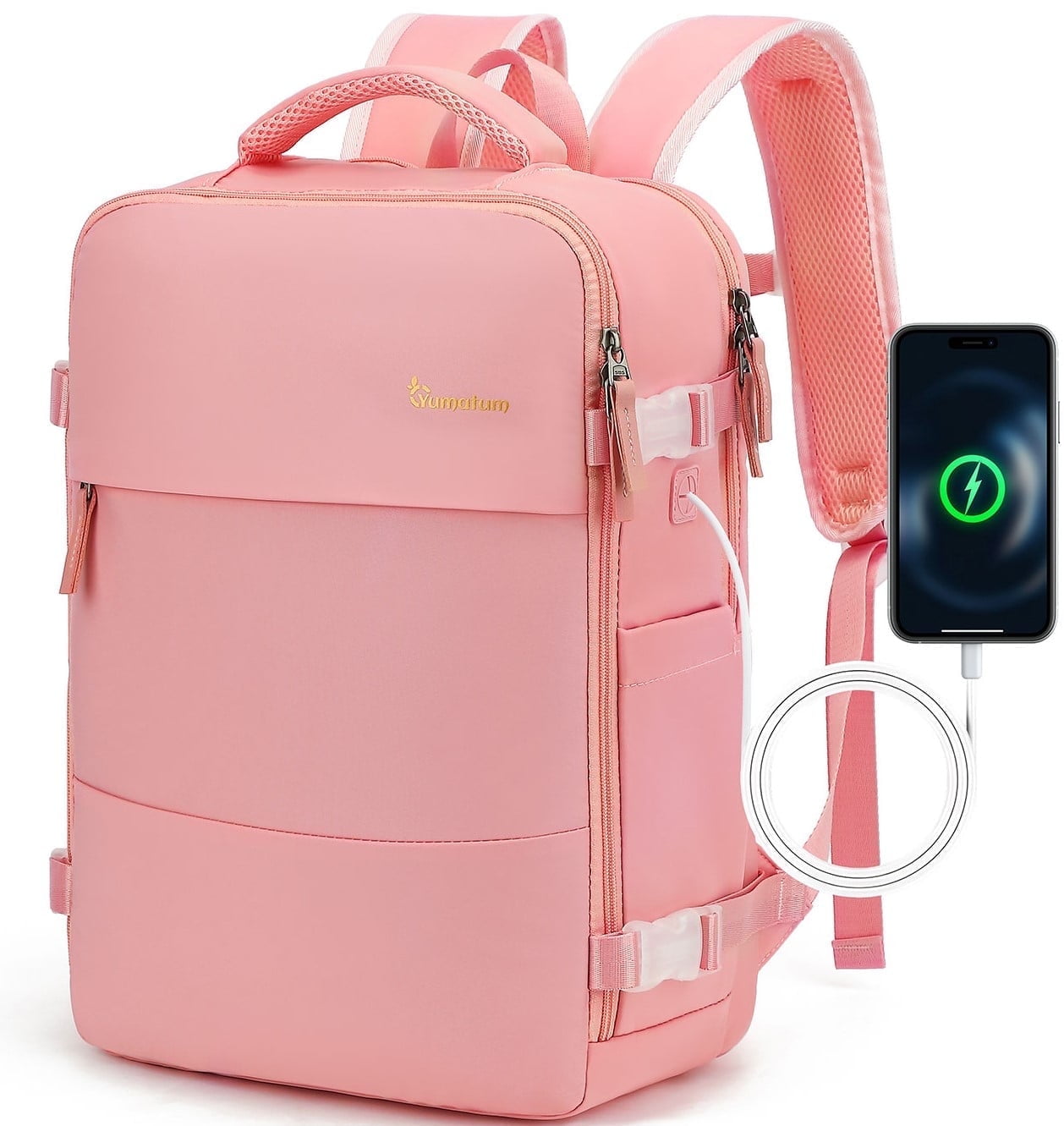 Travel Backpack for Men & Women, College Bookbag with Packing Cube Shoe Pocket, Flight Approved Carry on Backpack Fits 16" Laptop, Pink