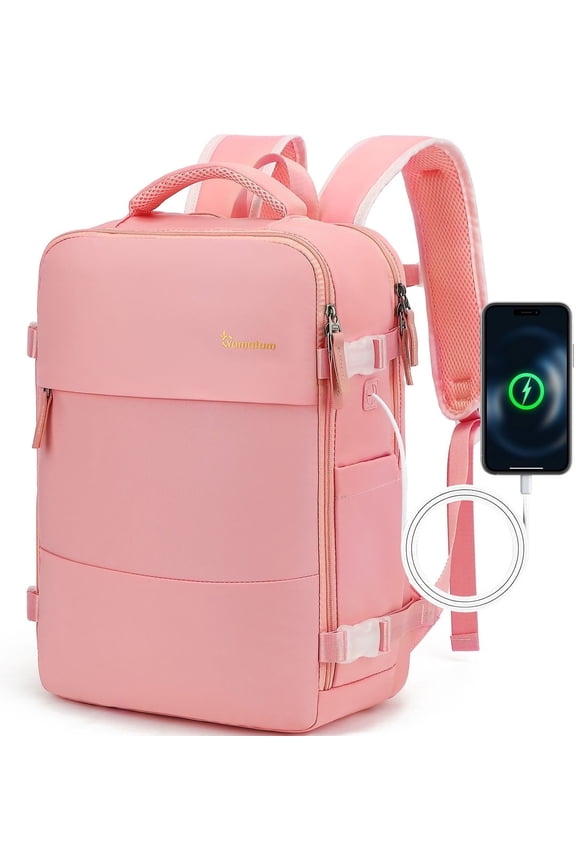 Travel Backpack for Men & Women, College Bookbag with Packing Cube Shoe Pocket, Flight Approved Carry on Backpack Fits 16" Laptop, Pink