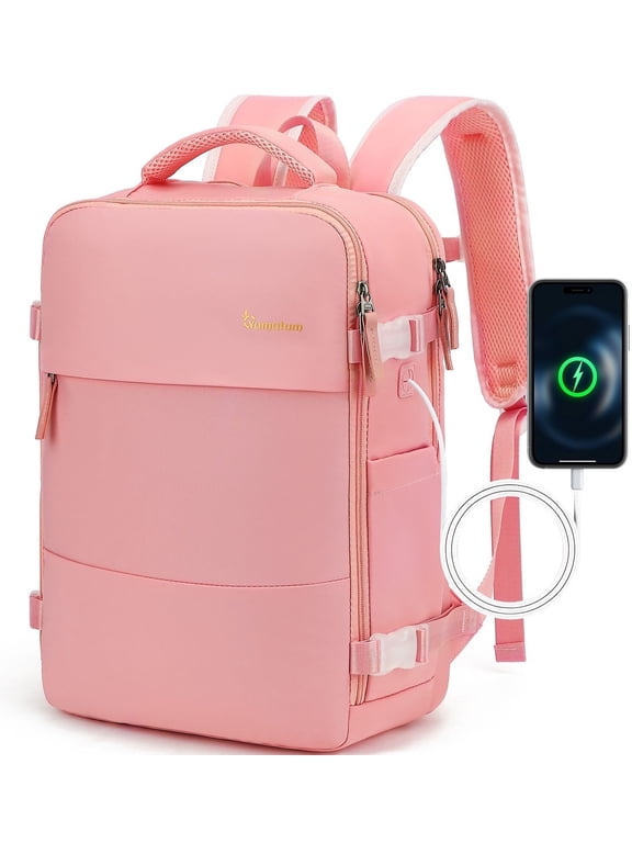 Travel Backpack for Men & Women, College Bookbag with Packing Cube Shoe Pocket, Flight Approved Carry on Backpack Fits 16" Laptop, Pink