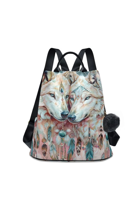 Travel Backpack for Women Large Capacity College Bags Multi-pocket Casual Daypacks 15 Inch Beautiful Wolves with Feather