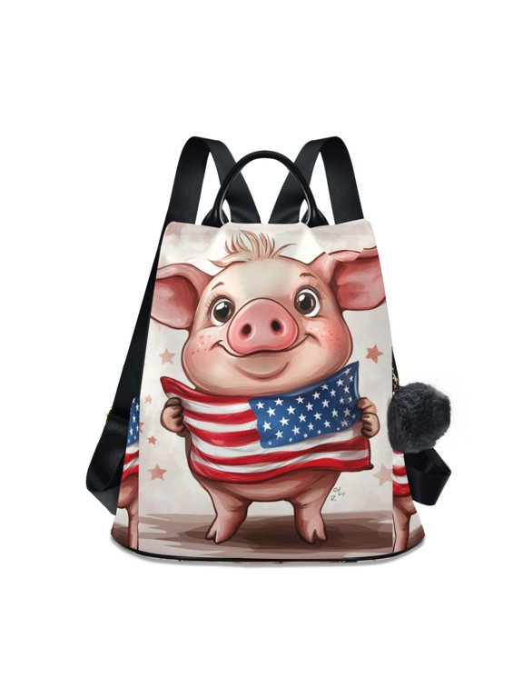 Travel Backpack for Women Large Capacity College Bags Multi-pocket Casual Daypacks 15 Inch Cartoon Pig with Usa Flag