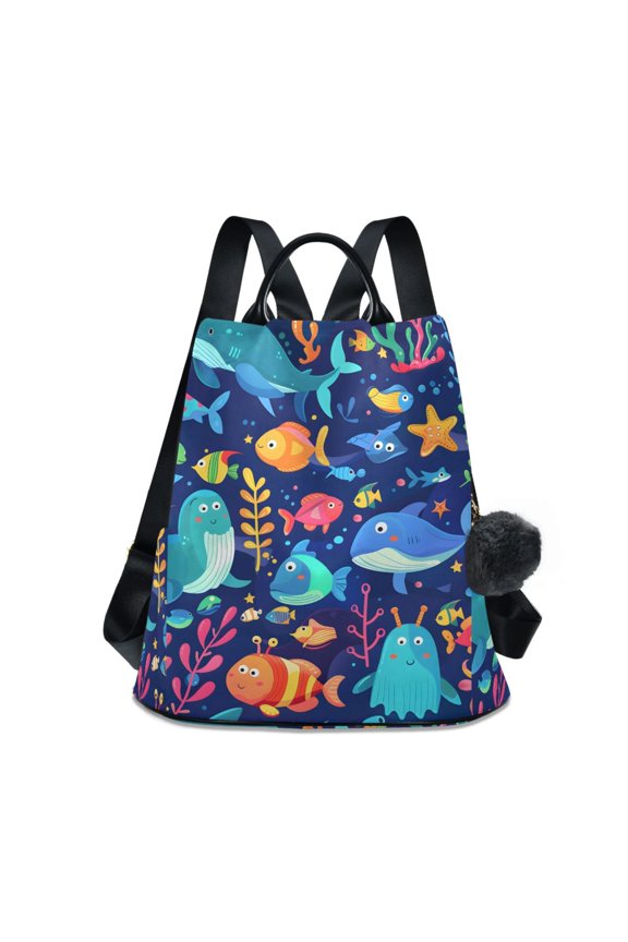 Travel Backpack for Women Large Capacity College Bags Multi-pocket Casual Daypacks 15 Inch Hand Drawn Whale Stars Different Fish and Seaweed