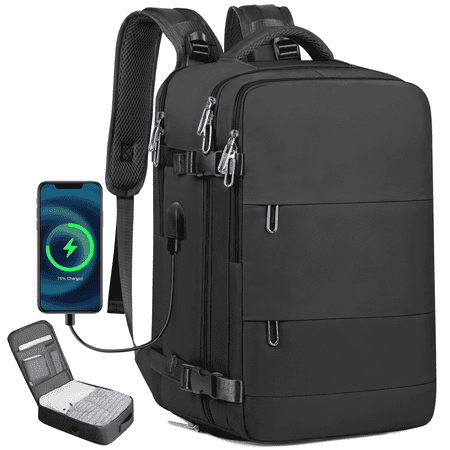 Travel Backpack for Women & Men, Carry On Backpack w/USB Charging Port & Shoe Compartment, TSA-Approved 17” Laptop Backpack for Air Travel, Hiking, Business, Weekender, Water-Resistant Design,Black