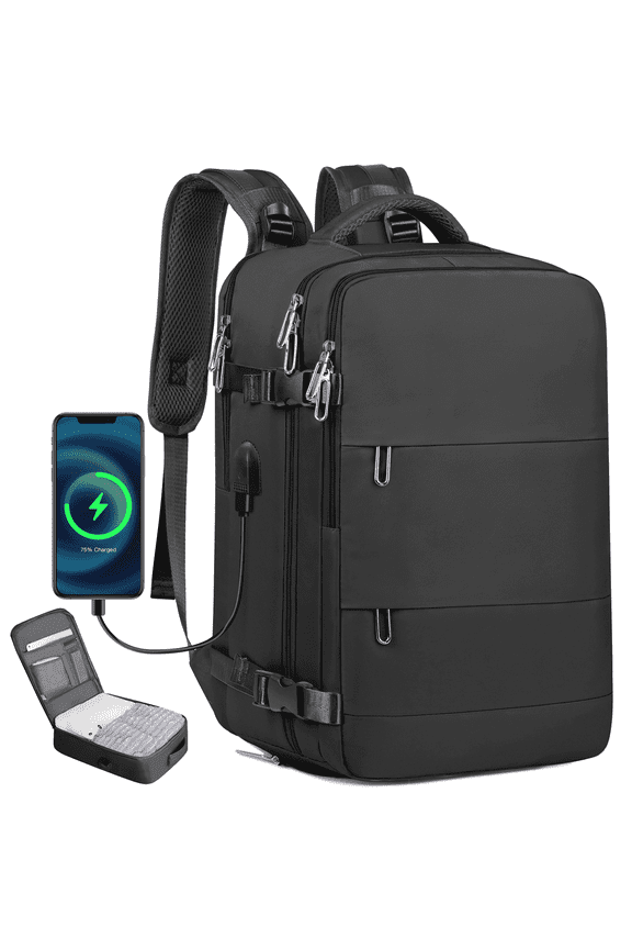 Travel Backpack for Women & Men, Carry On Backpack w/USB Charging Port & Shoe Compartment, TSA-Approved 17” Laptop Backpack for Air Travel, Hiking, Business, Weekender, Water-Resistant Design,Black