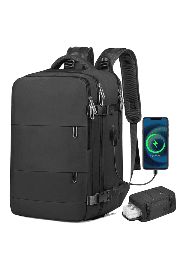 17.7" Travel Backpack with USB Port & Shoe Compartment, TSA-Approved Laptop Carry On Backpack, Waterproof Large Daypack Travel Bag for Women Men Weekender Trips, Business & Hiking, Black