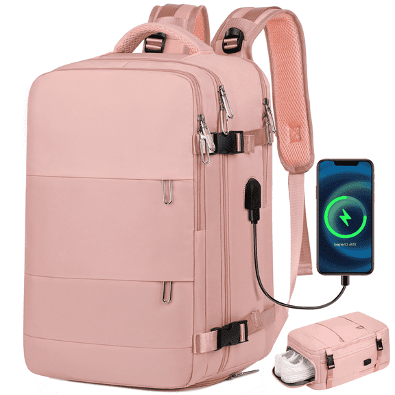 DAKOMM 17.7" Travel Backpack with USB Port & Shoe Compartment, TSA-Approved Laptop Carry On Backpack, Waterproof Large Casual Daypack Travel Bag for Women Men Weekender Trips, Business & Hiking, Pink