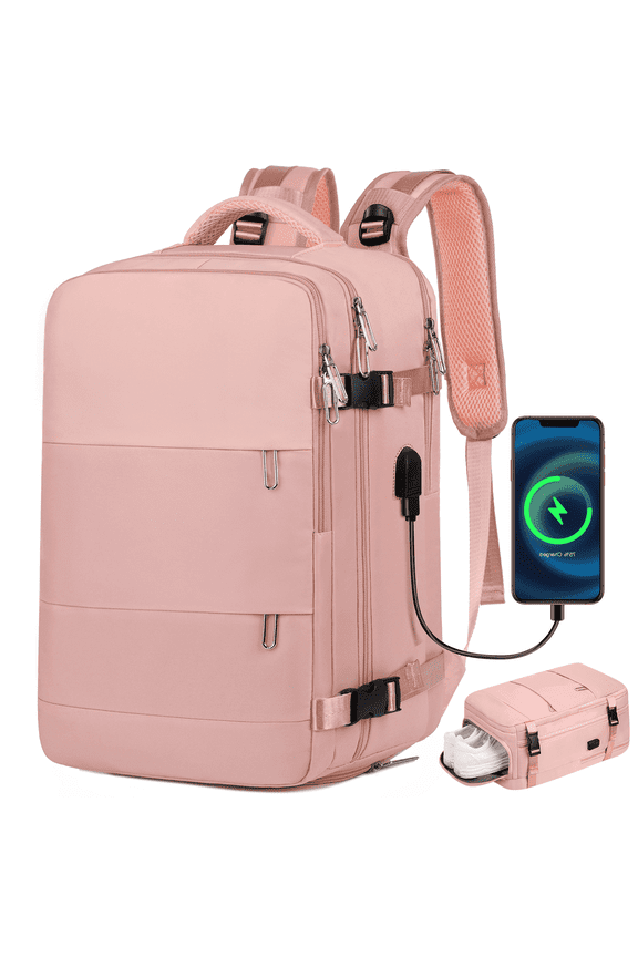17.7" Travel Backpack with USB Port & Shoe Compartment, TSA-Approved Laptop Carry On Backpack, Waterproof Large Casual Daypack Travel Bag for Women Men Weekender Trips, Business & Hiking, Pink