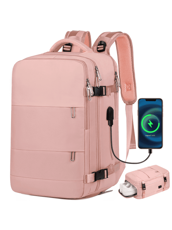 17.7" Travel Backpack with USB Port & Shoe Compartment, TSA-Approved Laptop Carry On Backpack, Waterproof Large Casual Daypack Travel Bag for Women Men Weekender Trips, Business & Hiking, Pink