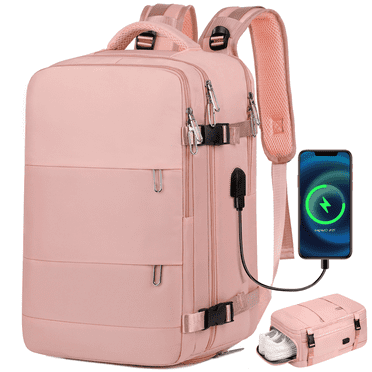 17.7" Travel Backpack with USB Port & Shoe Compartment, TSA-Approved Laptop Carry On Backpack, Waterproof Large Casual Daypack Travel Bag for Women Men Weekender Trips, Business & Hiking, Pink
