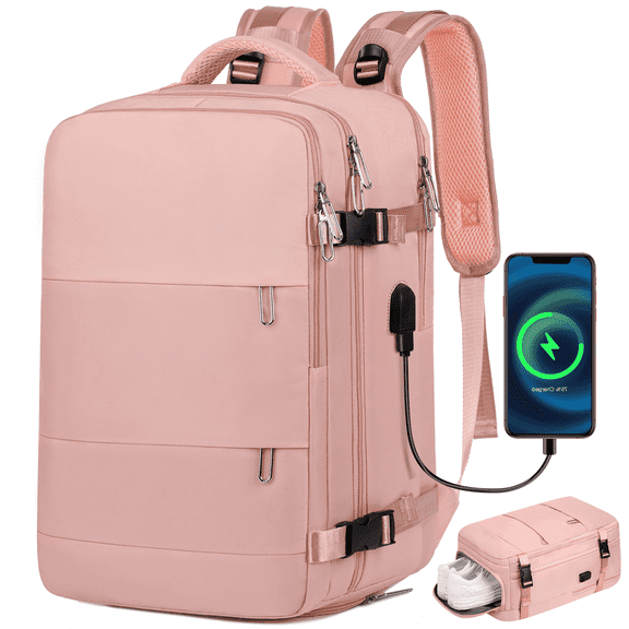 DAKOMM 17.7" Travel Backpack with USB Port & Shoe Compartment, TSA-Approved Laptop Carry On Backpack, Waterproof Large Casual Daypack Travel Bag for Women Men Weekender Trips, Business & Hiking, Pink