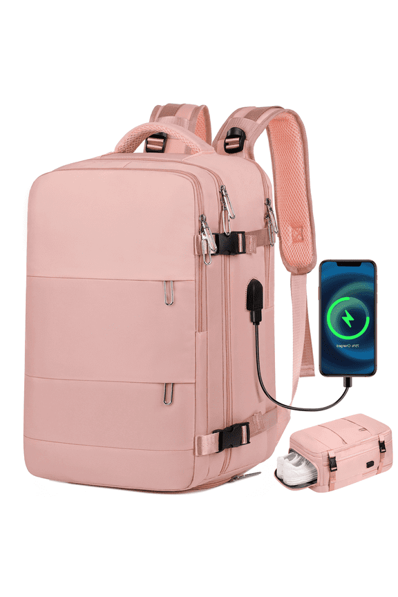 17.7" Travel Backpack with USB Port & Shoe Compartment, TSA-Approved Laptop Carry On Backpack, Waterproof Large Casual Daypack Travel Bag for Women Men Weekender Trips, Business & Hiking, Pink