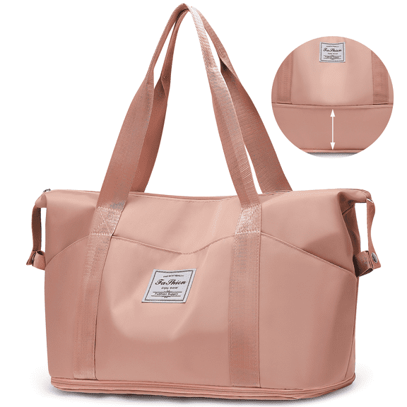 Cshidworld 35L Travel Bag, Expandable Duffel Bag, Weekender Carry On Overnight Bags for Women Men, Personal Item Bag for Airlines w/Wet Dry Pocket/ 3 Front Pockets/Trolley Sleeve, Gym Tote Bag, Pink