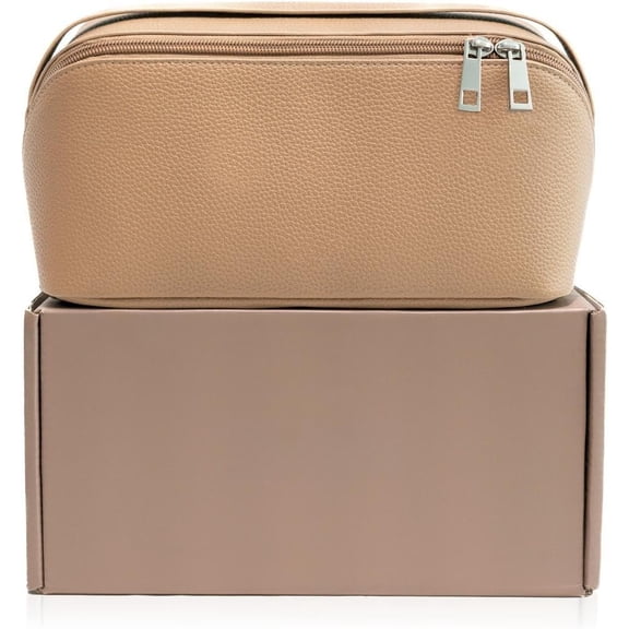 Travel  Bag - Large Capacity  and Toiletry Organizer with Divider and Handle,  Flat-Open Design, Portable Pouch for Women (Taupe)