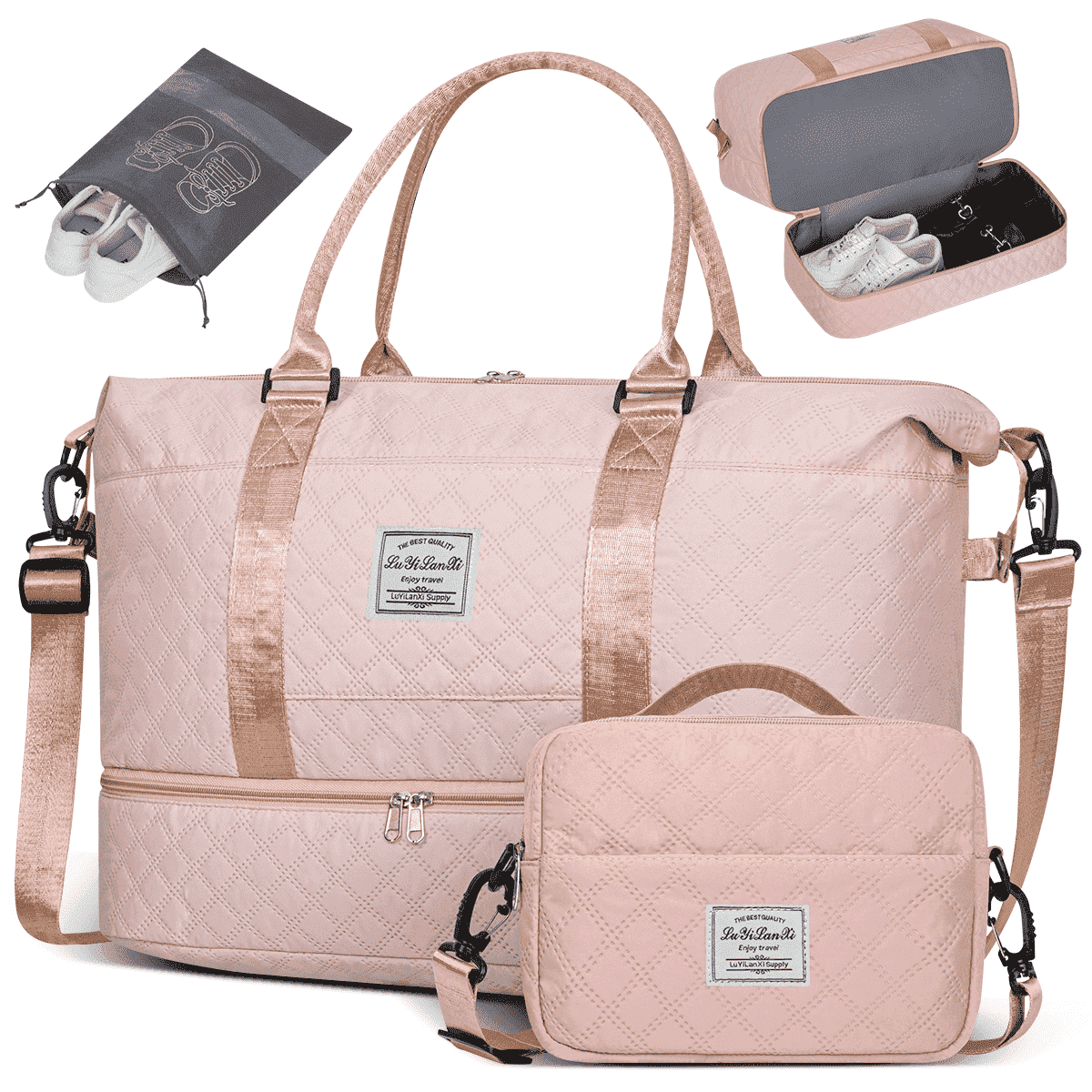 Travel Bag with Shoes Compartment, 40L Weekender Overnight Duffel Bag with Toiletry Bag and Shoes Bag, Gym Bag for Women with Wet Pocket, Personal Carry On Bag for Women, Travel, Gym, Weekend, Pink