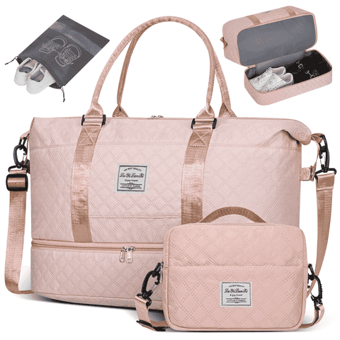 Travel Bag with Shoes Compartment, 40L Weekender Overnight Duffel Bag with Toiletry Bag and Shoes Bag, Gym Bag for Women with Wet Pocket, Personal Carry On Bag for Women, Travel, Gym, Weekend, Pink