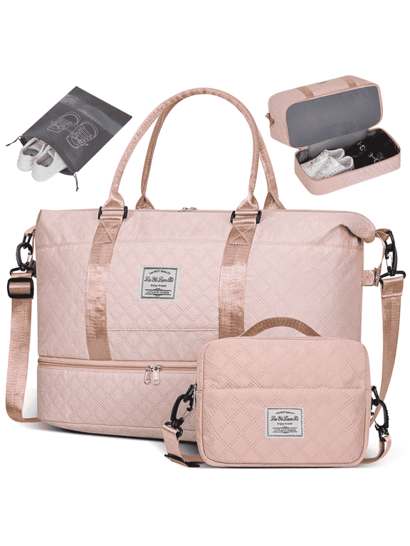 Travel Bag with Shoes Compartment, 40L Weekender Overnight Duffel Bag with Toiletry Bag and Shoes Bag, Gym Bag for Women with Wet Pocket, Personal Carry On Bag for Women, Travel, Gym, Weekend, Pink