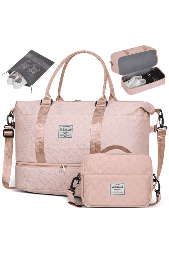 Travel Bag with Shoes Compartment, 40L Weekender Overnight Duffel Bag with Toiletry Bag and Shoes Bag, Gym Bag for Women with Wet Pocket, Personal Carry On Bag for Women, Travel, Gym, Weekend, Pink