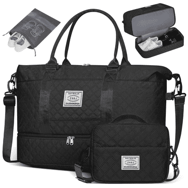 Travel Bag with Shoes Compartment, 40L Weekender Overnight Duffel Bag with Toiletry Bag and Shoes Bag, Gym Bag for Women with Wet Pocket, Personal Carry On Bag for Women, Travel, Gym, Weekend, Black