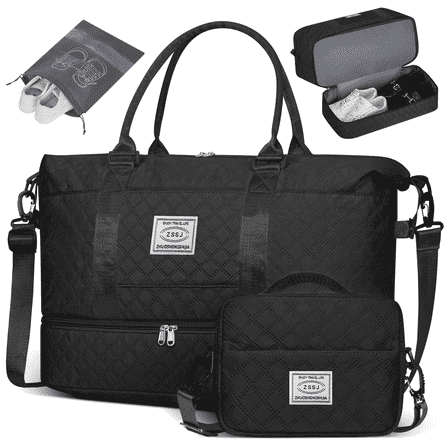 Travel Bag with Shoes Compartment, 40L Weekender Overnight Duffel Bag with Toiletry Bag and Shoes Bag, Gym Bag for Women with Wet Pocket, Personal Carry On Bag for Women, Travel, Gym, Weekend, Black
