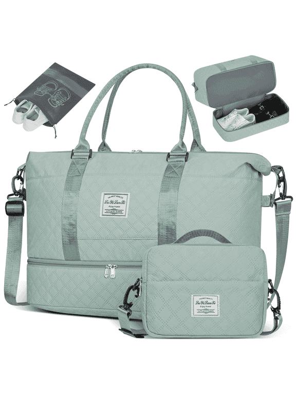 40L Travel Duffle Bag with Shoe Compartment, Weekender Carry On Bag with Toiletry Bag for Women, Mint Green