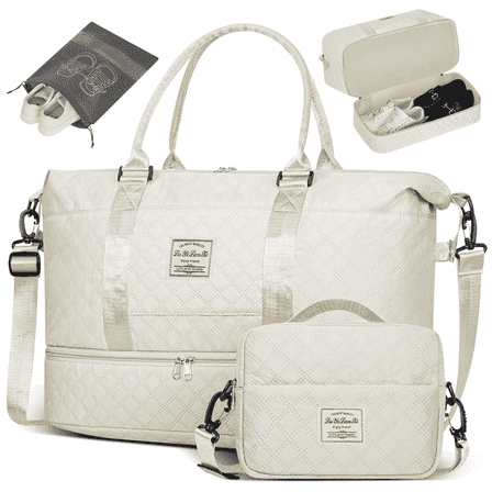Travel Bag with Shoes Compartment, 40L Weekender Overnight Duffel Bag with Toiletry Bag and Shoes Bag, Gym Bag for Women with Wet Pocket, Personal Carry on Bag for Women, Travel, Gym, Weekend, White