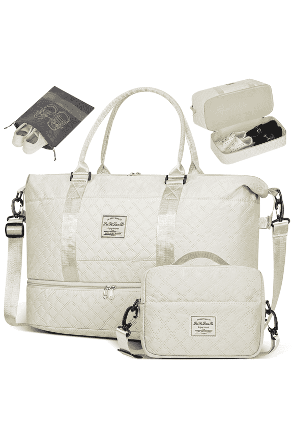 Travel Bag with Shoes Compartment, 40L Weekender Overnight Duffel Bag with Toiletry Bag and Shoes Bag, Gym Bag for Women with Wet Pocket, Personal Carry on Bag for Women, Travel, Gym, Weekend, White