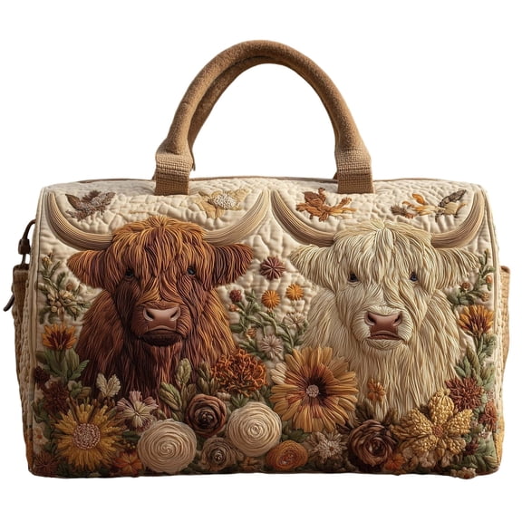 Travel Bag Upland Cow Quilted Embroidered Handbag Portable Duffel Bag Gym Tote Bag Storage Bag Weekend Getaway Bag Embroidered Travel Tote Bag