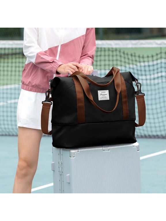Travel Bag, Waterproof Duffel Gym Tote Bag, Weekender Carry On Overnight Bags for Women Men Approved Personal Item Bag for Airlines with Trolley Sleeve, Travel Duffel Bags, Black Brown