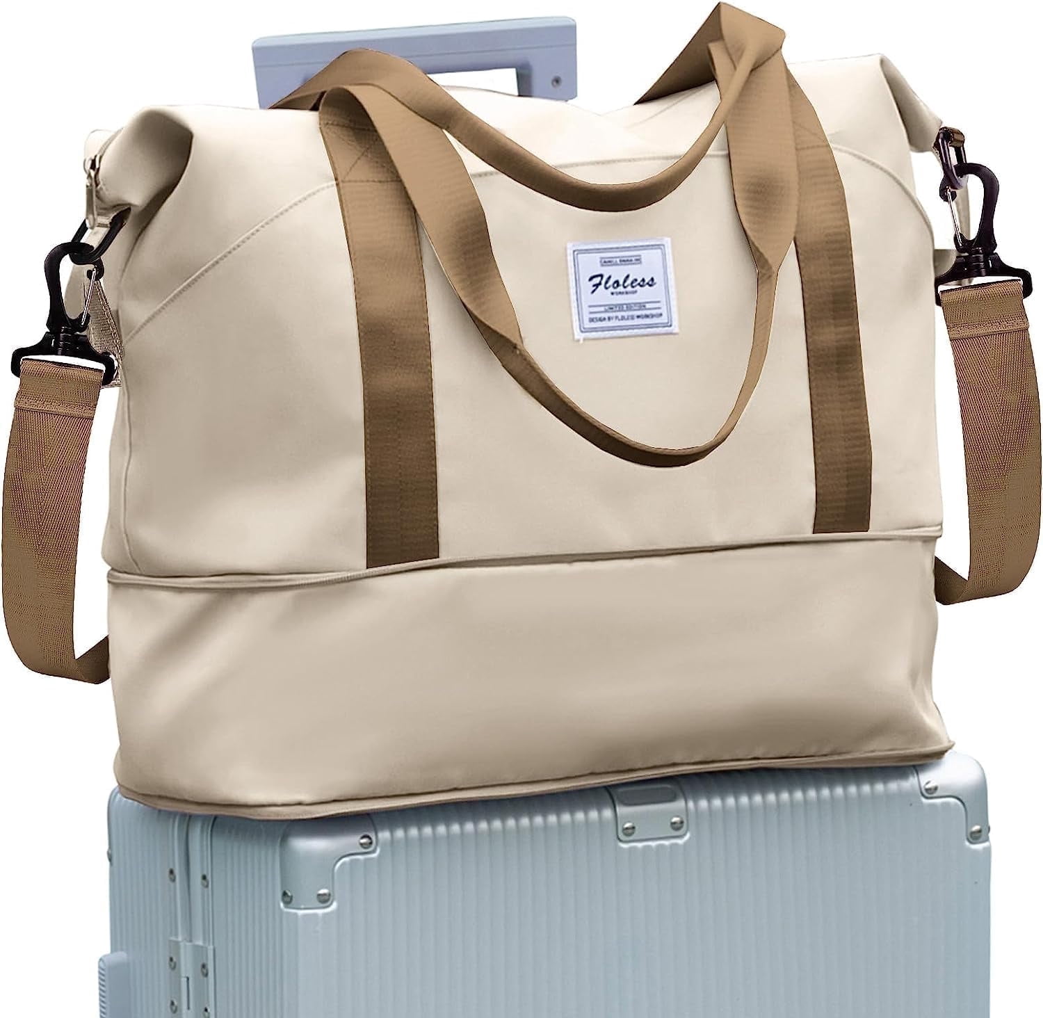 Travel Bag, Waterproof Duffel Gym Tote Bag, Weekender Carry On Overnight Bags for Women Men Approved Personal Item Bag for Airlines with Trolley Sleeve, Travel Duffel Bags, Beige Brown