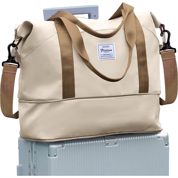 Travel Bag, Waterproof Duffel Gym Tote Bag, Weekender Carry On Overnight Bags for Women Men Approved Personal Item Bag for Airlines with Trolley Sleeve, Travel Duffel Bags, Beige Brown
