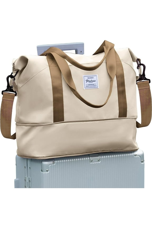 Travel Bag, Waterproof Duffel Gym Tote Bag, Weekender Carry On Overnight Bags for Women Men Approved Personal Item Bag for Airlines with Trolley Sleeve, Travel Duffel Bags, Beige Brown