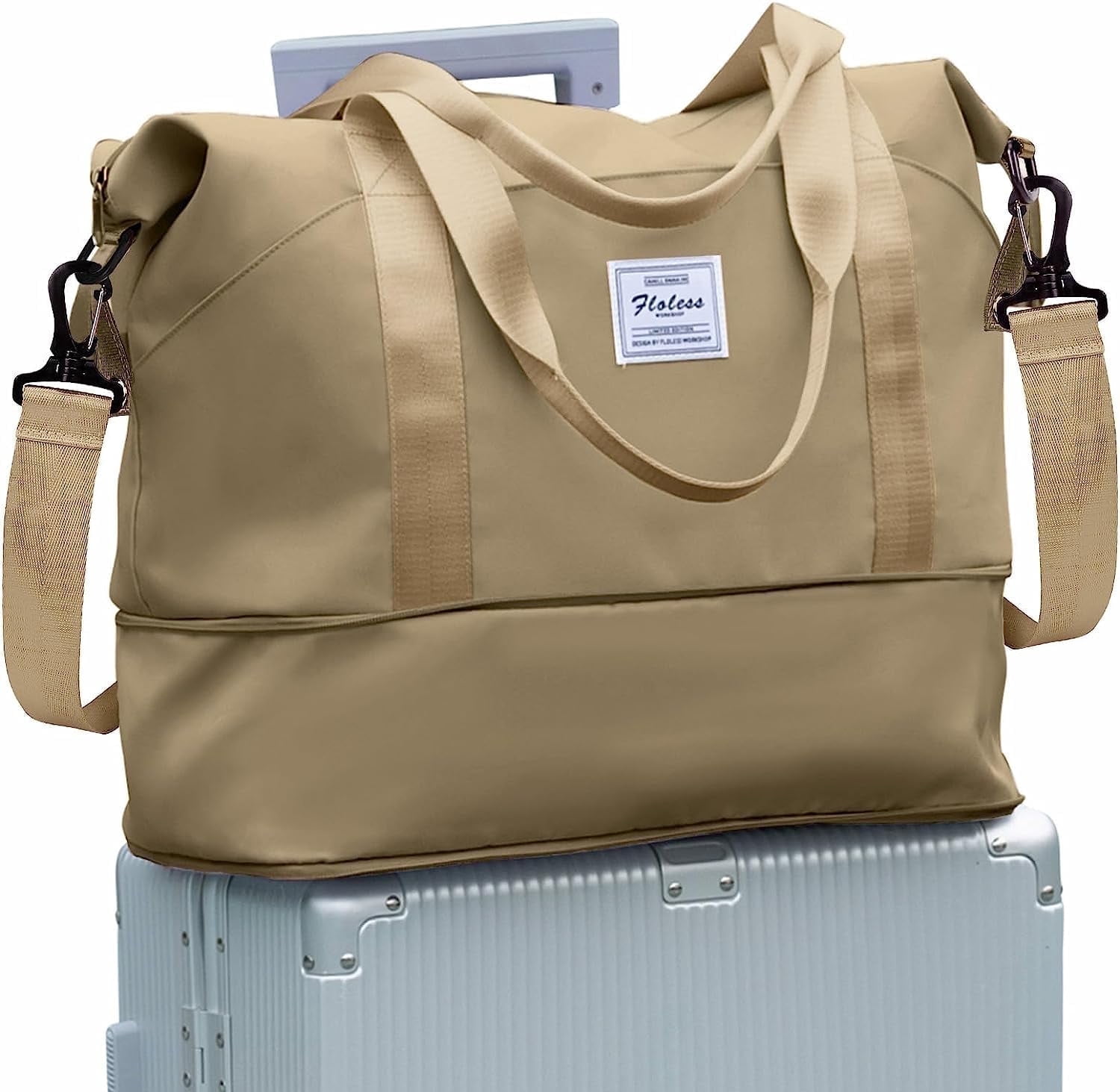 Travel Bag, Waterproof Duffel Gym Tote Bag, Weekender Carry On Overnight Bags for Women Men Approved Personal Item Bag for Airlines with Trolley Sleeve, Travel Duffel Bags, Khaki