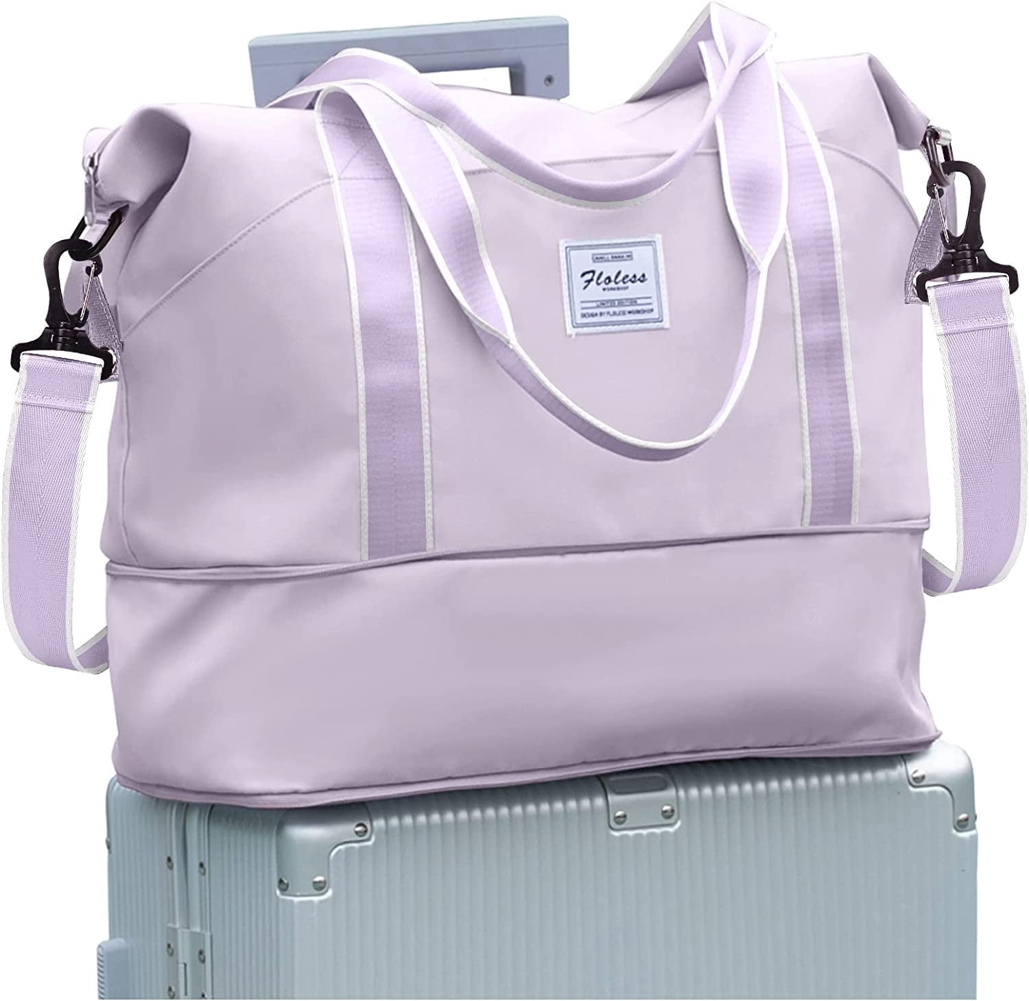 Travel Bag, Waterproof Duffel Gym Tote Bag, Weekender Carry On Overnight Bags for Women Men Approved Personal Item Bag for Airlines with Trolley Sleeve, Travel Duffel Bags, Purple White