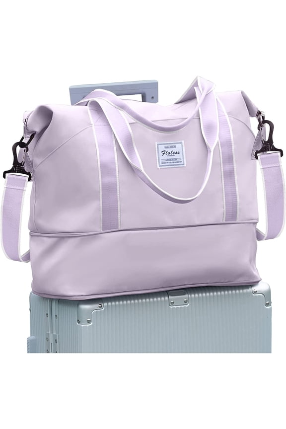Travel Bag, Waterproof Duffel Gym Tote Bag, Weekender Carry On Overnight Bags for Women Men Approved Personal Item Bag for Airlines with Trolley Sleeve, Travel Duffel Bags, Purple White