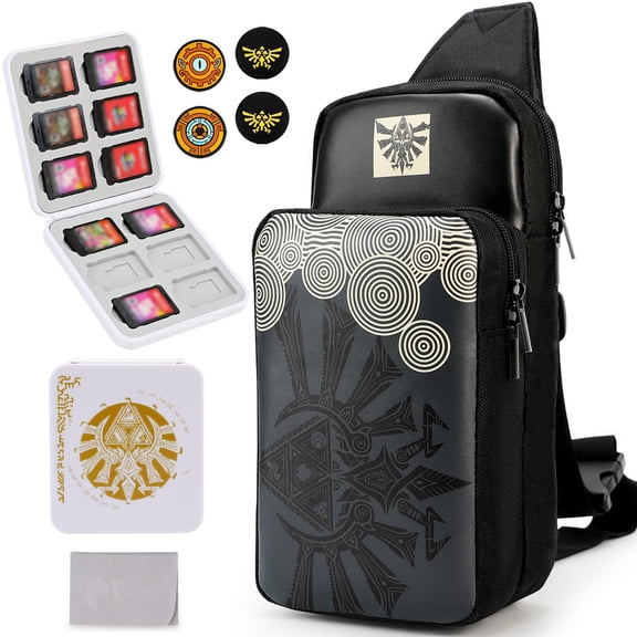Travel Bag for Nintendo Switch/Lite/OLED, Portable Gaming Shoulder Crossbody Carrying Accessories Storage Backpack with Cute Game Card Case, 4 Thumb Grip Caps-Black
