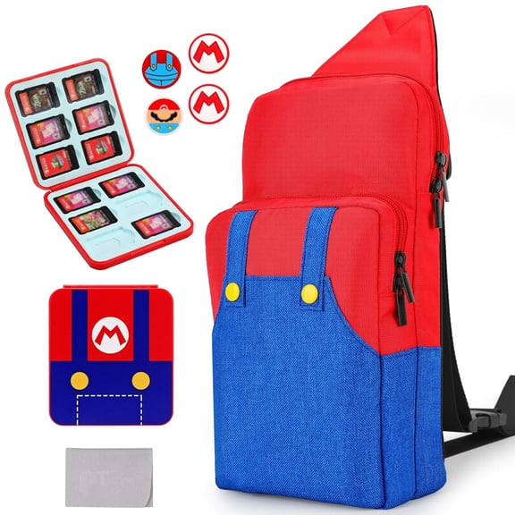 Travel Bag for Nintendo Switch/Lite/OLED, Portable Gaming Shoulder Crossbody Carrying Accessories Storage Backpack with Cute Game Card Case, 4 Thumb Grip Caps-Classic