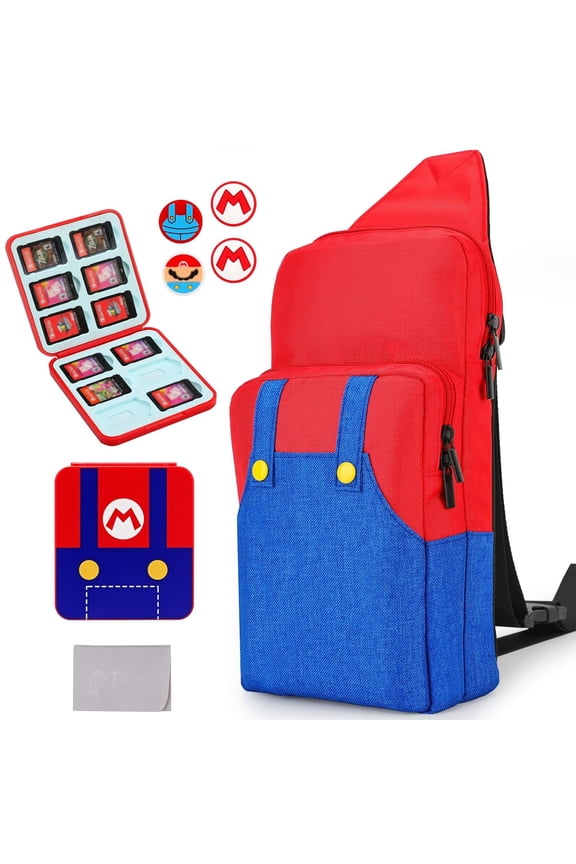 Travel Bag for Nintendo Switch/Lite/OLED, Portable Gaming Shoulder Crossbody Carrying Accessories Storage Backpack with Cute Game Card Case, 4 Thumb Grip Caps-Classic