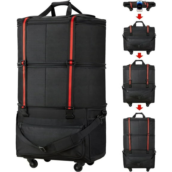 Travel Bag with Wheels Expandable Foldable Luggage Bag Collapsible Rolling Travel Bag Duffel Bag Large Capacity Suitcase for Men Women, Black