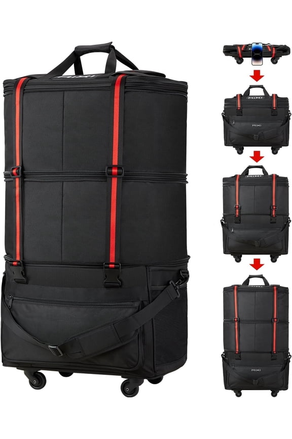 Travel Bag with Wheels Expandable Foldable Luggage Bag Collapsible Rolling Travel Bag Duffel Bag Large Capacity Suitcase for Men Women, Black