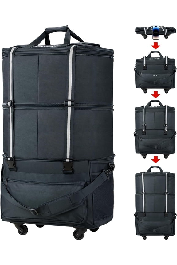 Travel Bag with Wheels Expandable Foldable Luggage Bag Collapsible Rolling Travel Bag Duffel Bag Large Capacity Suitcase for Men Women, Dark Gray