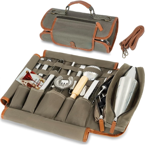 Travel Bartender Kit Bag with 22-Pc Cocktail Shaker Set, Waxed Canvas Protable Carrying Bartender Bag with Stainless Steel Bar Tool Set, Roll-Up Bartenders Kits for Professional Bartenders