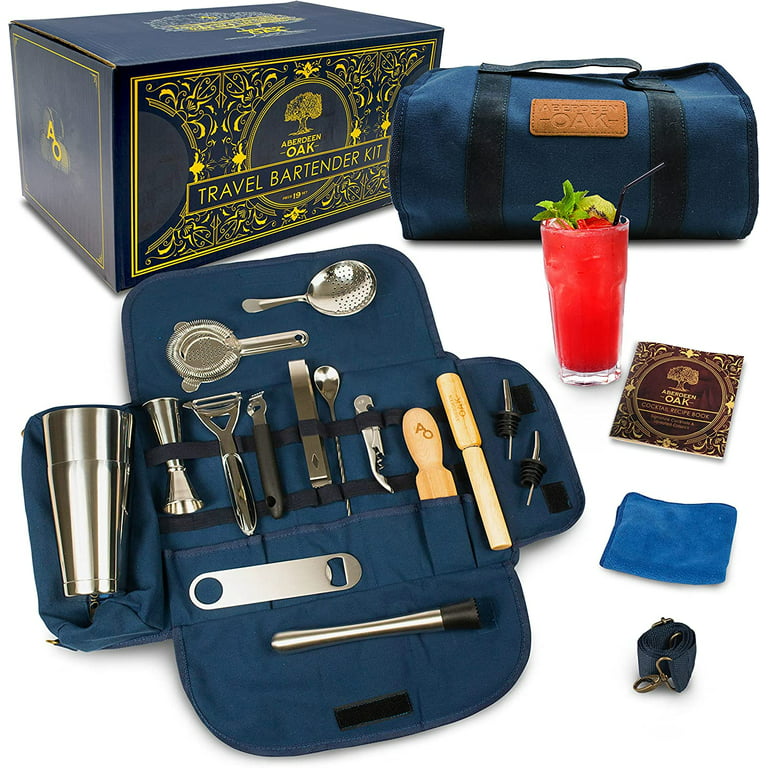 Aberdeen Oak Travel Bartender Kit - Portable Bar Set, Bar Tools, Full Cocktail Set with Portable Bag, Mobile Cocktail Shaker Set, Bartending Kit for