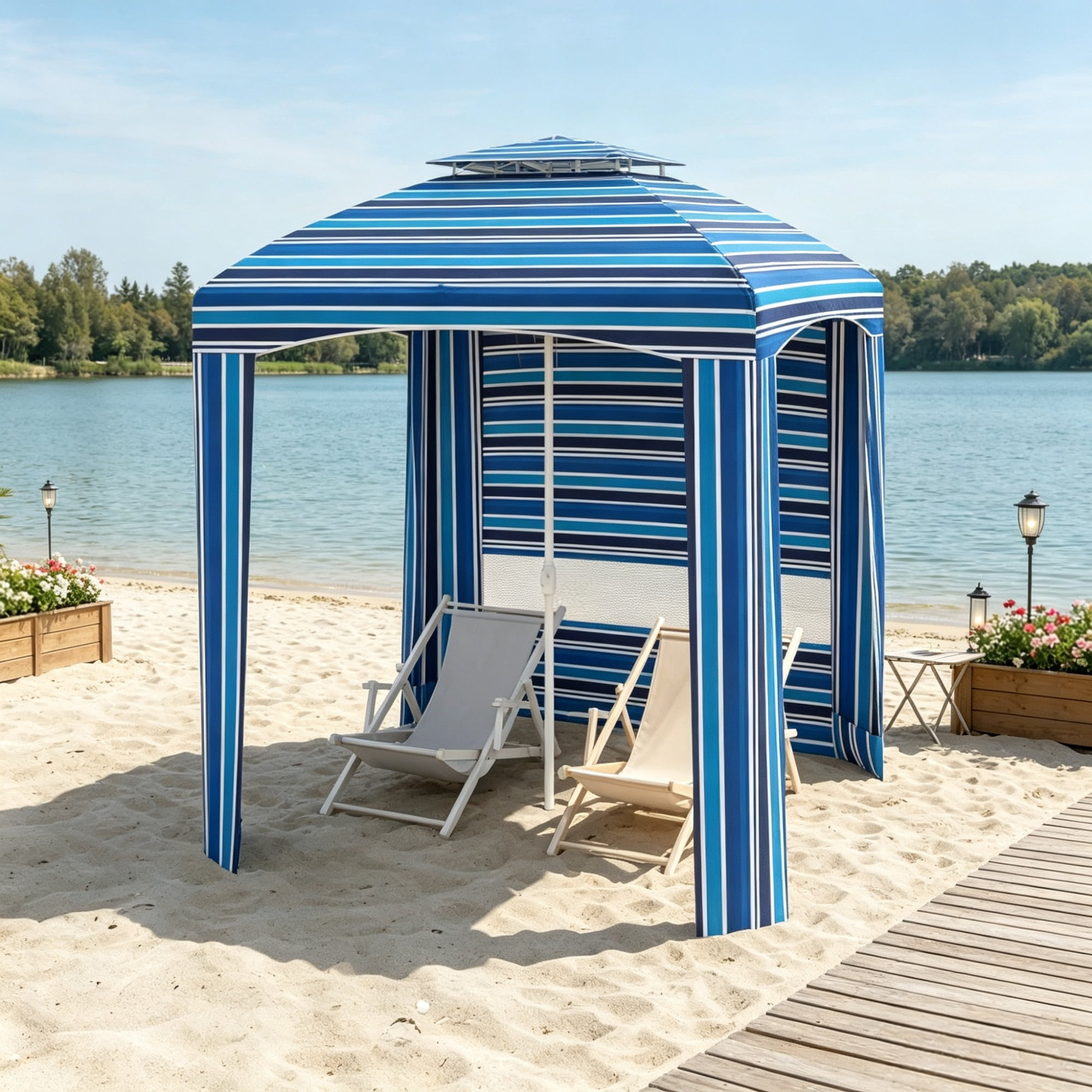 Travel Beach Umbrella with Side Walls, Air Vents, Ruffles and Carry Bag, Blue Stripe 5.8ft x 5.8ft