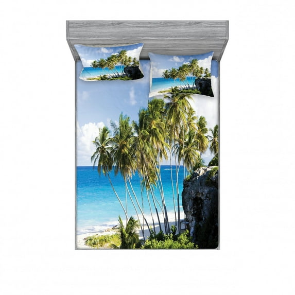 Travel Bedding Set with Sheet & Covers, Caribbean Island Overlook with Palm Tree and Ocean Exotic Travel Destination Print, Printed Bedroom Decor 2 Shams, 4 Sizes, Cream Blue, by Ambesonne