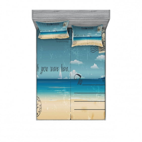 Travel Bedding Set with Sheet & Covers, Nostalgic Tropical Summer Season Backdrop on Vintage Card Stamp Travel Print, Printed Bedroom Decor 2 Shams, 4 Sizes, Sand Brown Teal, by Ambesonne