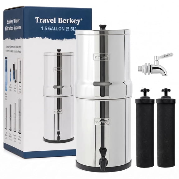 Travel Berkey 1.5 Gallon Water Filter System with 2 Black Berkey BB9-2 Elements and Stainless Steel Spigot, Gravity Fed Countertop Water Filtration System
