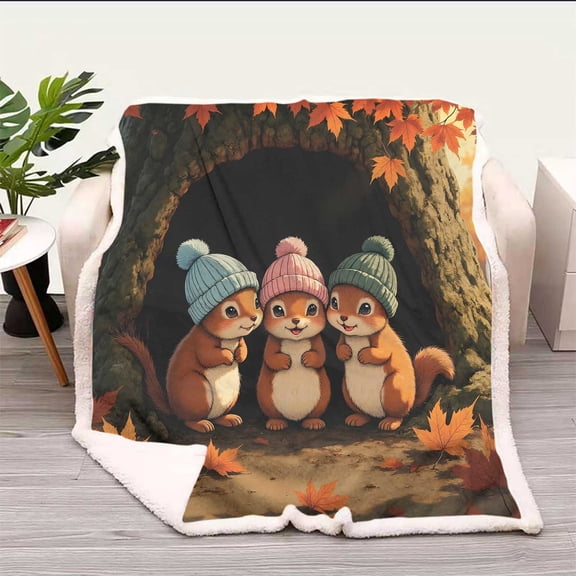 Travel Blanket Airplane Little Squirrels Orange Maple Fall Blankets Fuzzy, Warm, Cozy, Thick Couch, Bed, Sofa, Chair 59in X 70.8in Twin Size