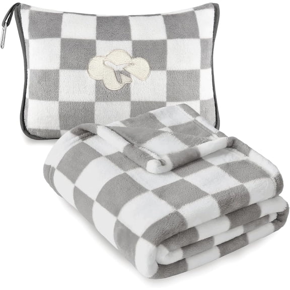 Travel Blanket and Pillow Compact, Premium Soft 2 in 1 Airplane Blanket with Soft Bag PillowcaseHand Luggage Sleeve and Backpack Clip (Grey Checkered)