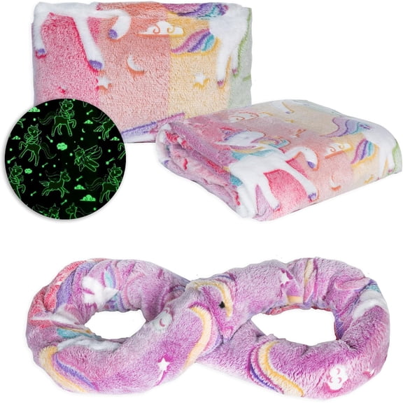 Travel Blanket and Pillow Combo, Convertible Infinity Scarf, Lightweight Support for Airplane, & Camping, -in-The-Dark - Unicorn
